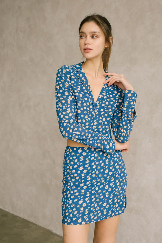 Gloria Blue Floral Long Sleeve Blouse