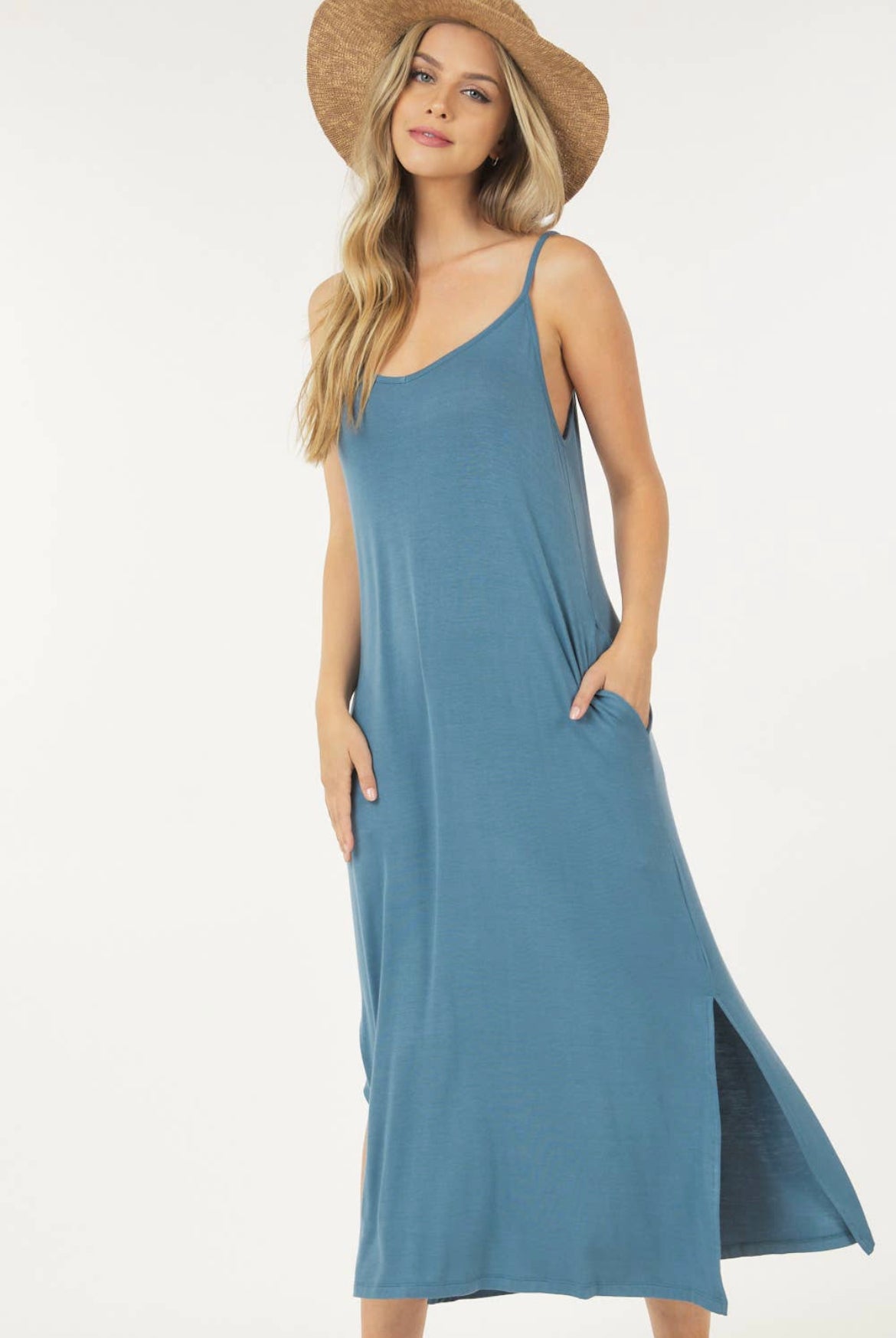 Cassandra Long Dress With Spaghetti Straps and Side Pockets
